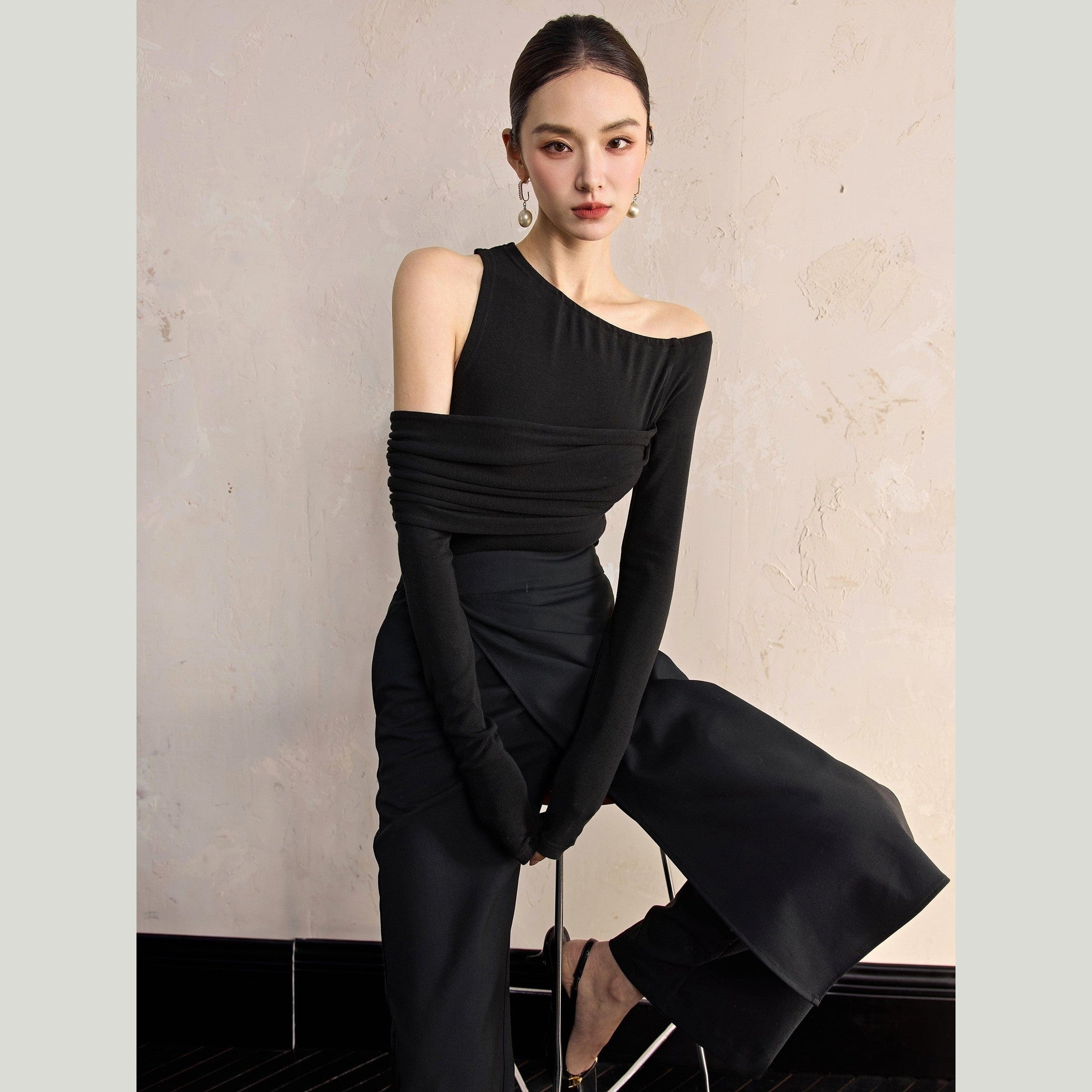 Asymmetrical Black Stretch Shirt