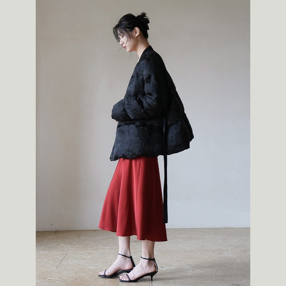 Satin Jacquard Down Jacket & Scarf – Sculptural Warmth, Limited Edition