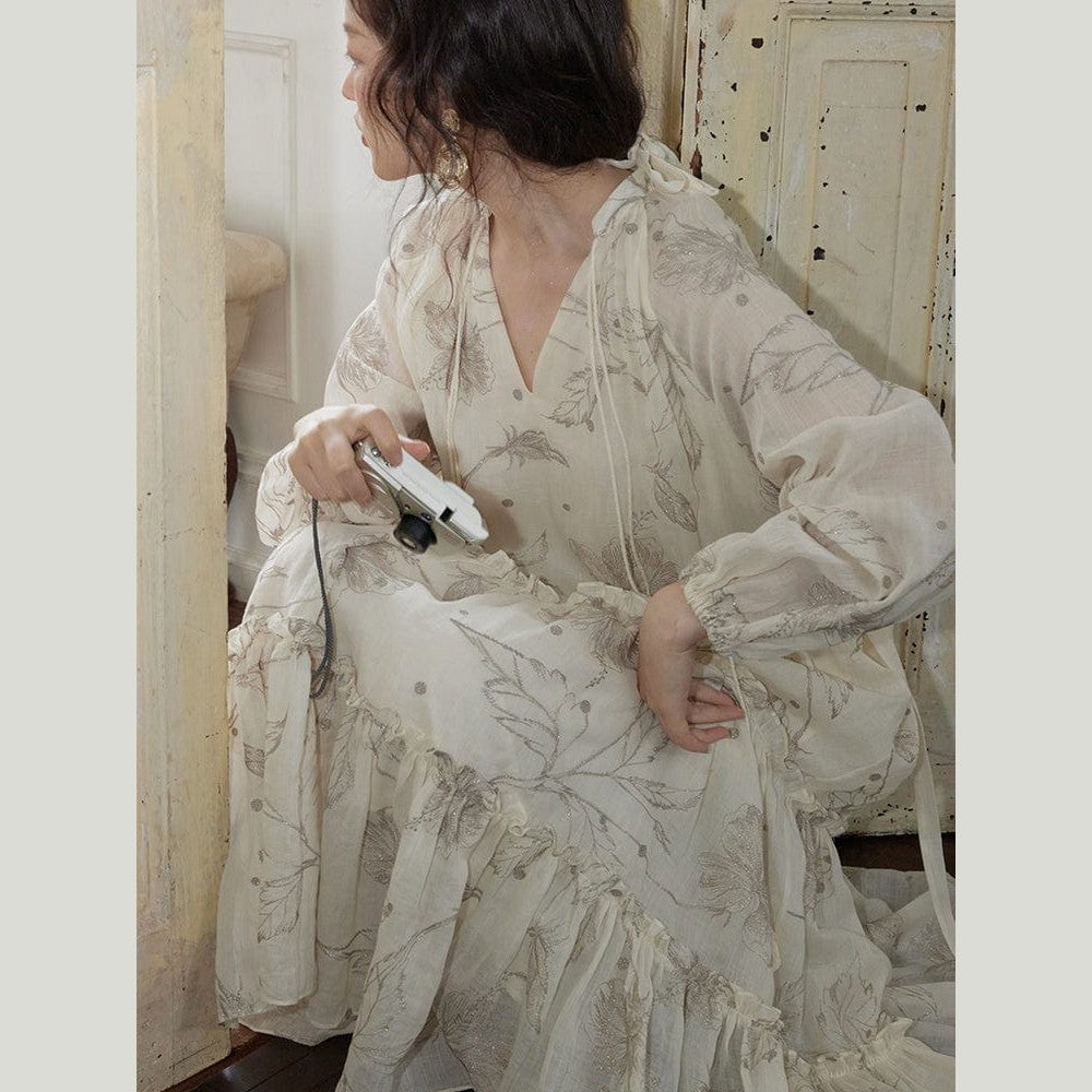 Hibiscus Embroidered Ramie Dress – Pure Natural Fiber, Limited Edition