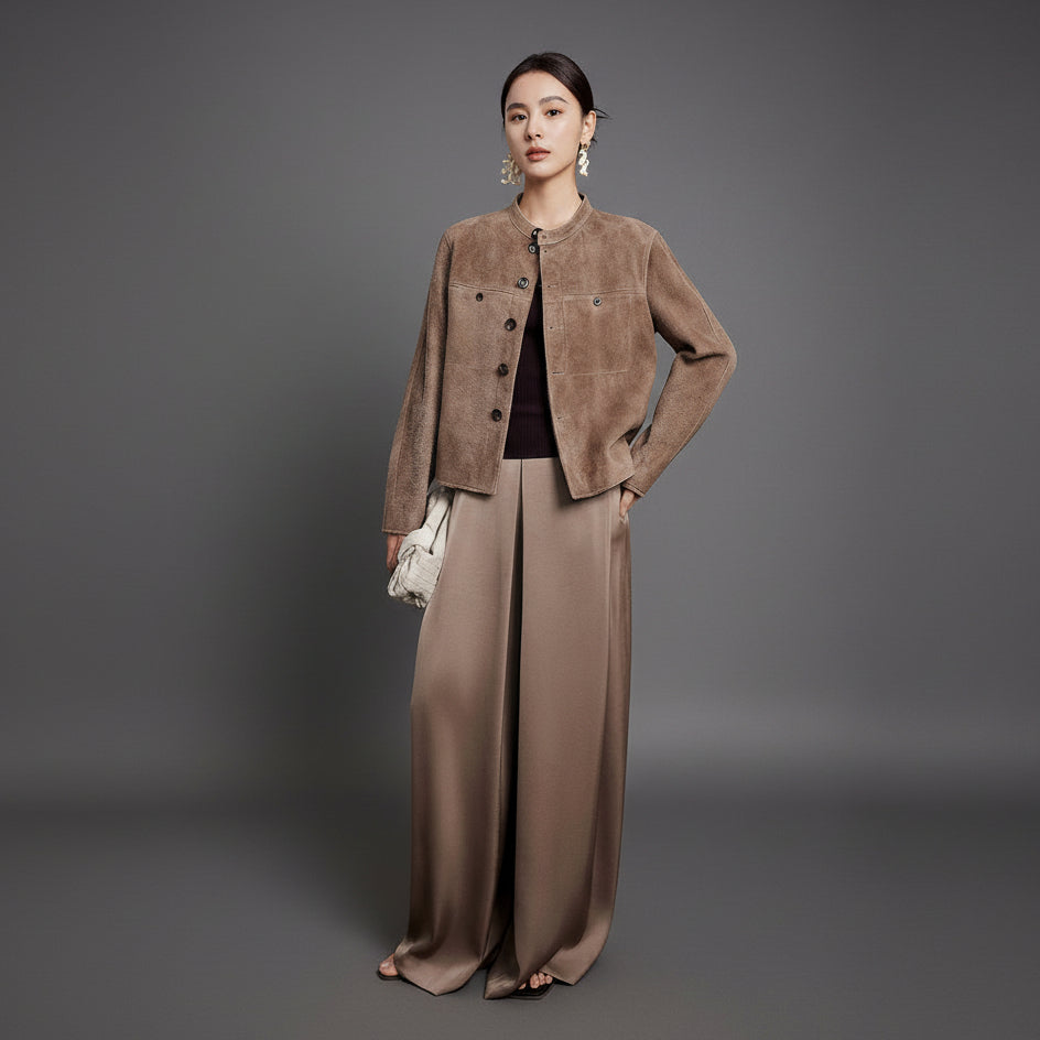 The Imported Suede Sheepskin Crop Jacket in Cafe Creme
