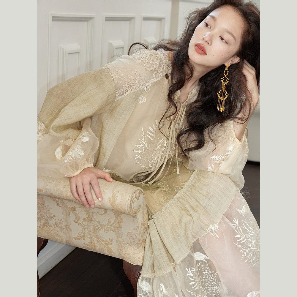 Wonderland Embroidered Crane Dress – Layered Ramie, Silk & Vintage Mesh