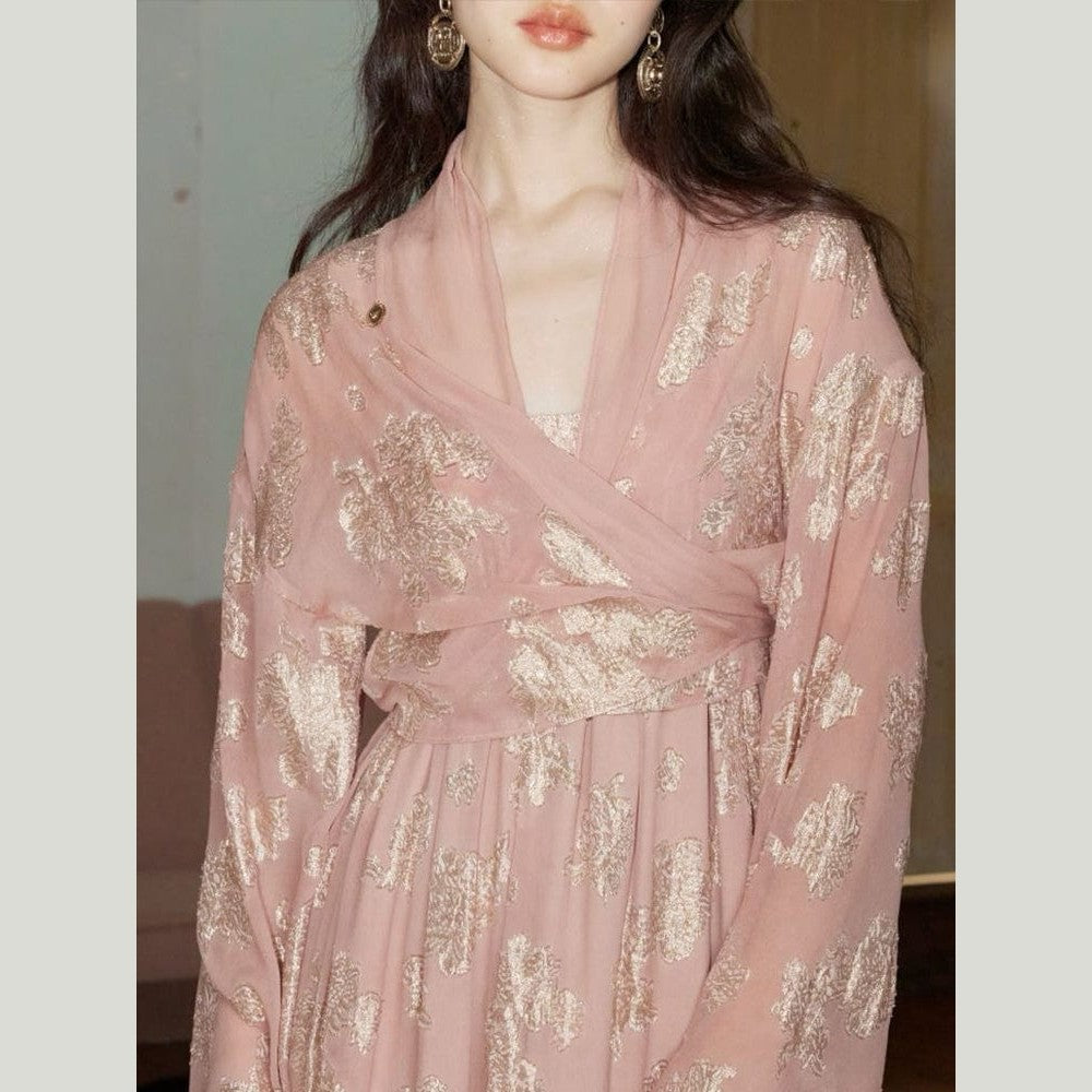 Peach Silk Georgette Dress & Wrap Top – Golden-Hour Sheen in 100% Silk