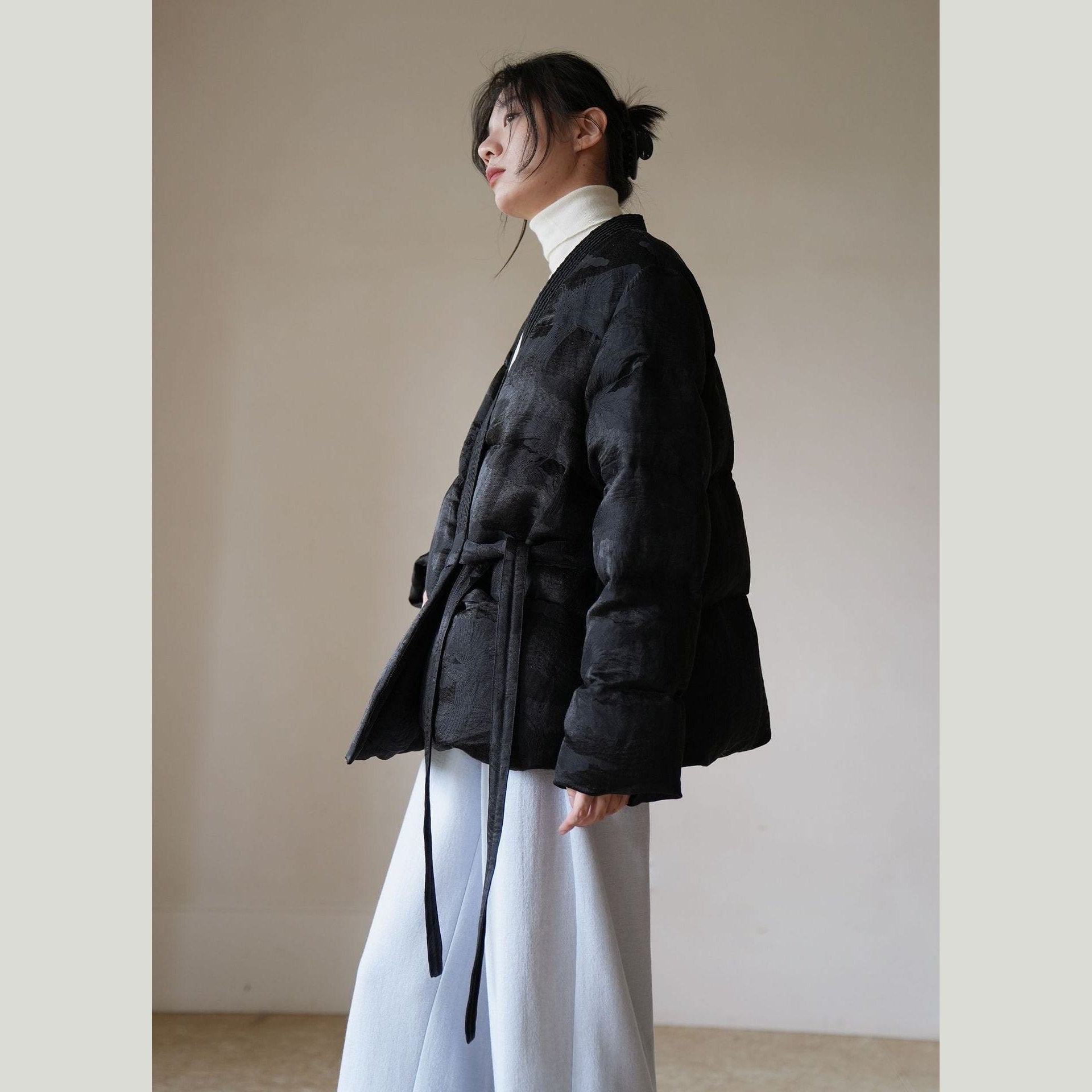 Satin Jacquard Down Jacket & Scarf – Sculptural Warmth, Limited Edition