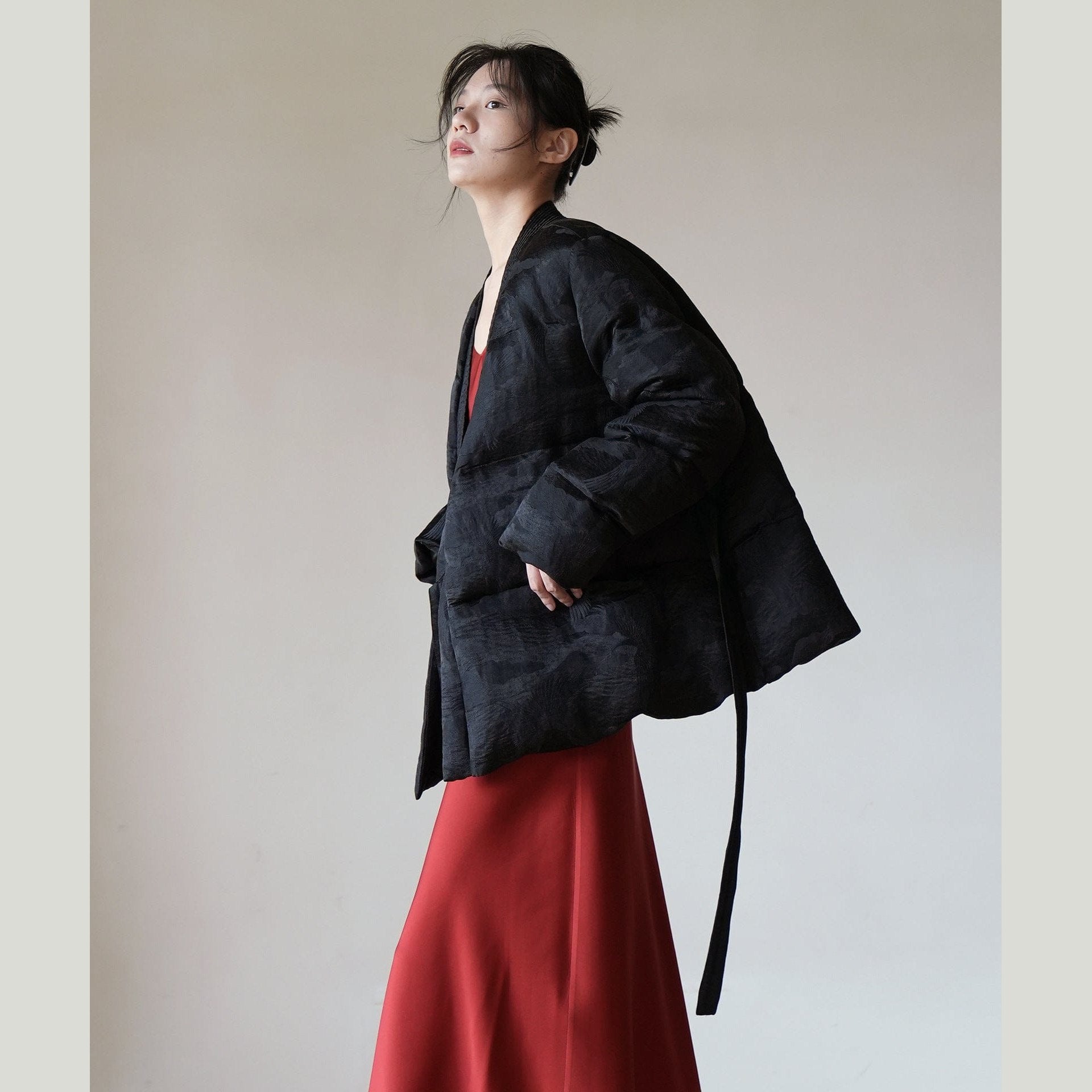 Satin Jacquard Down Jacket & Scarf – Sculptural Warmth, Limited Edition