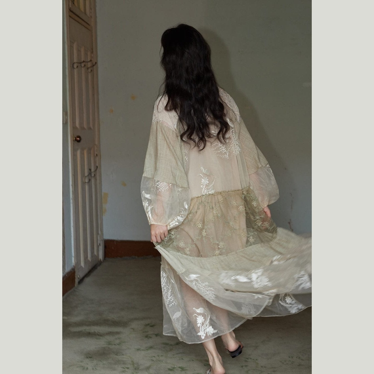 Wonderland Embroidered Crane Dress – Layered Ramie, Silk & Vintage Mesh