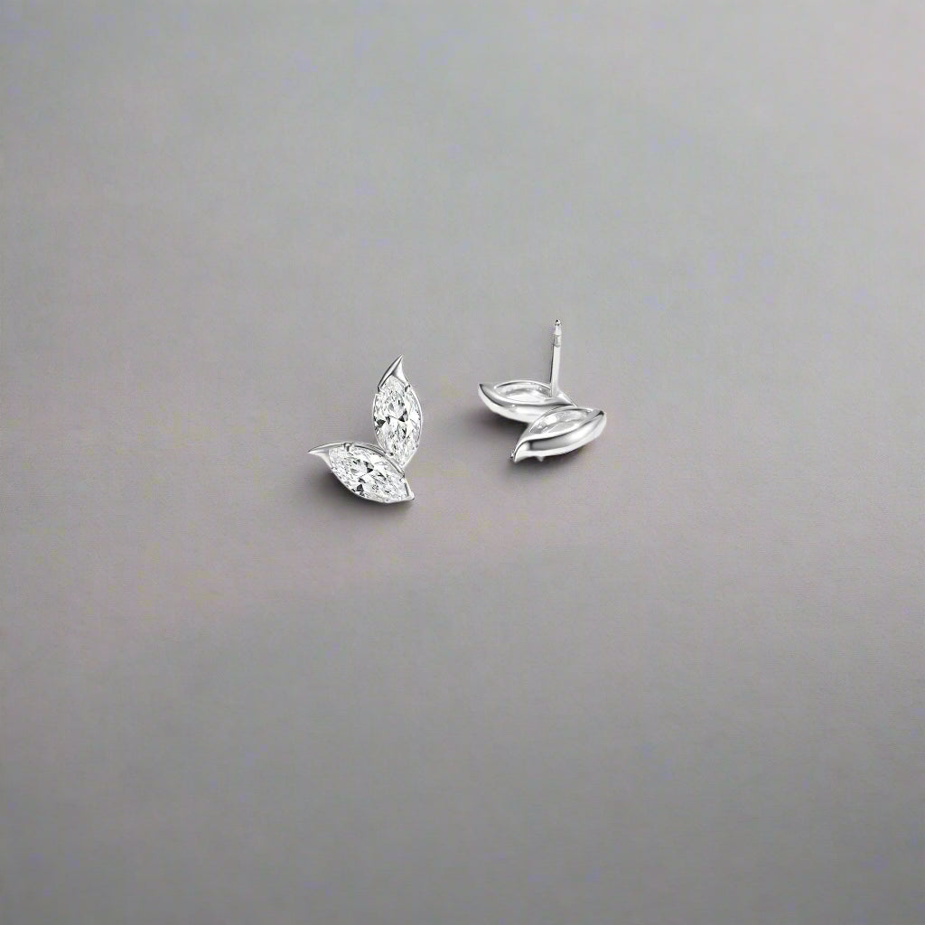 Double Leaf Marquise CZ & Sterling Silver Earrings