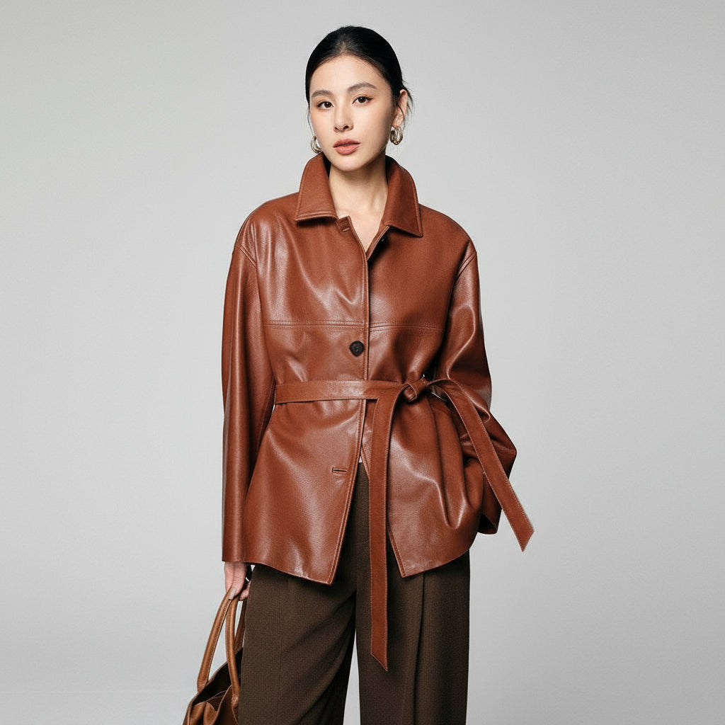 Short Sheepskin Leather Trench Coat