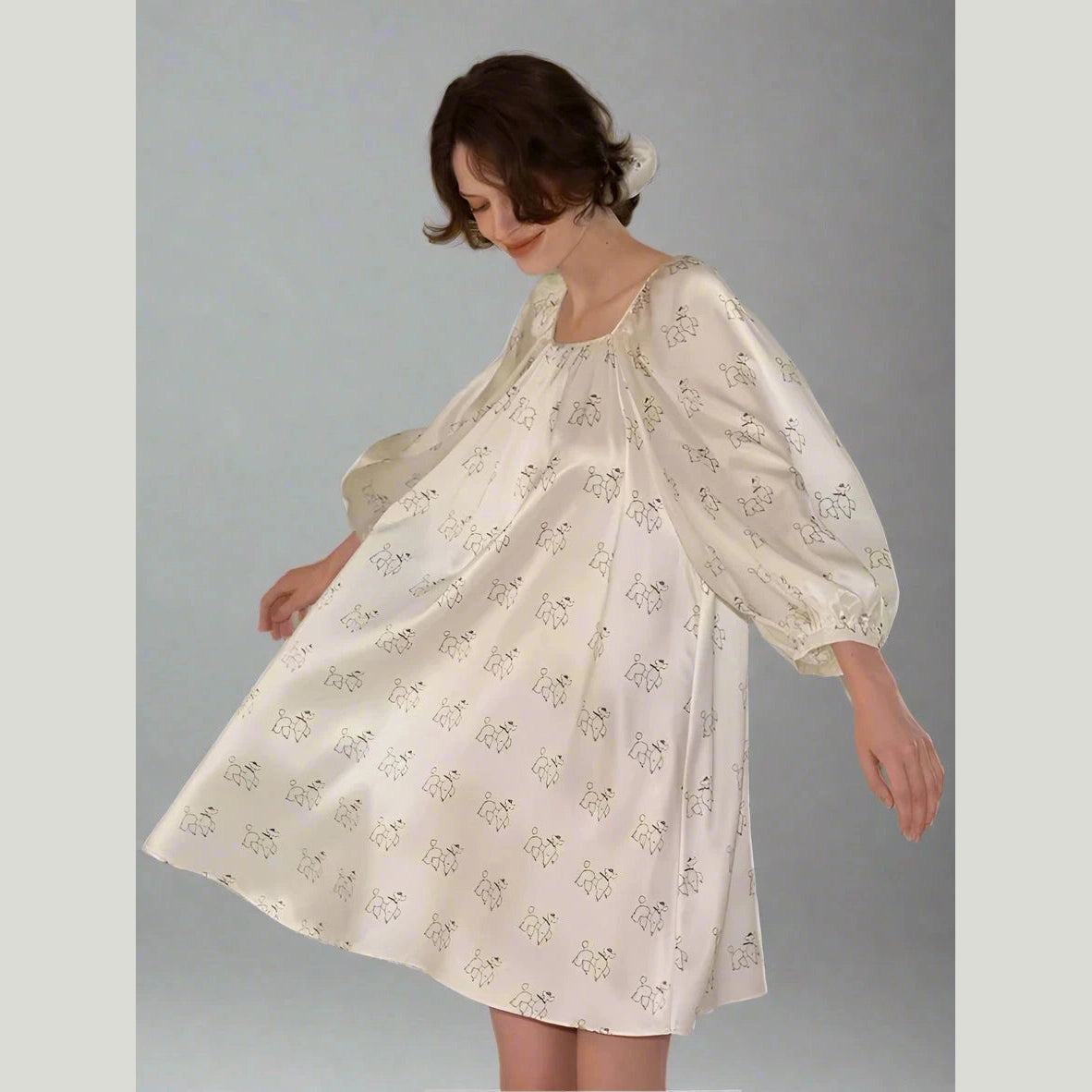 Puppy Dreams – Diamond Poodles Print Silk Puff Sleeve Dress