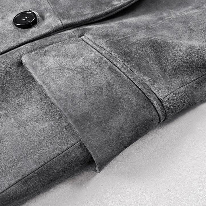 Turkish Suede Sheepskin Blazer & Pencil Skirt - Sculpted Set in Dusted Blue