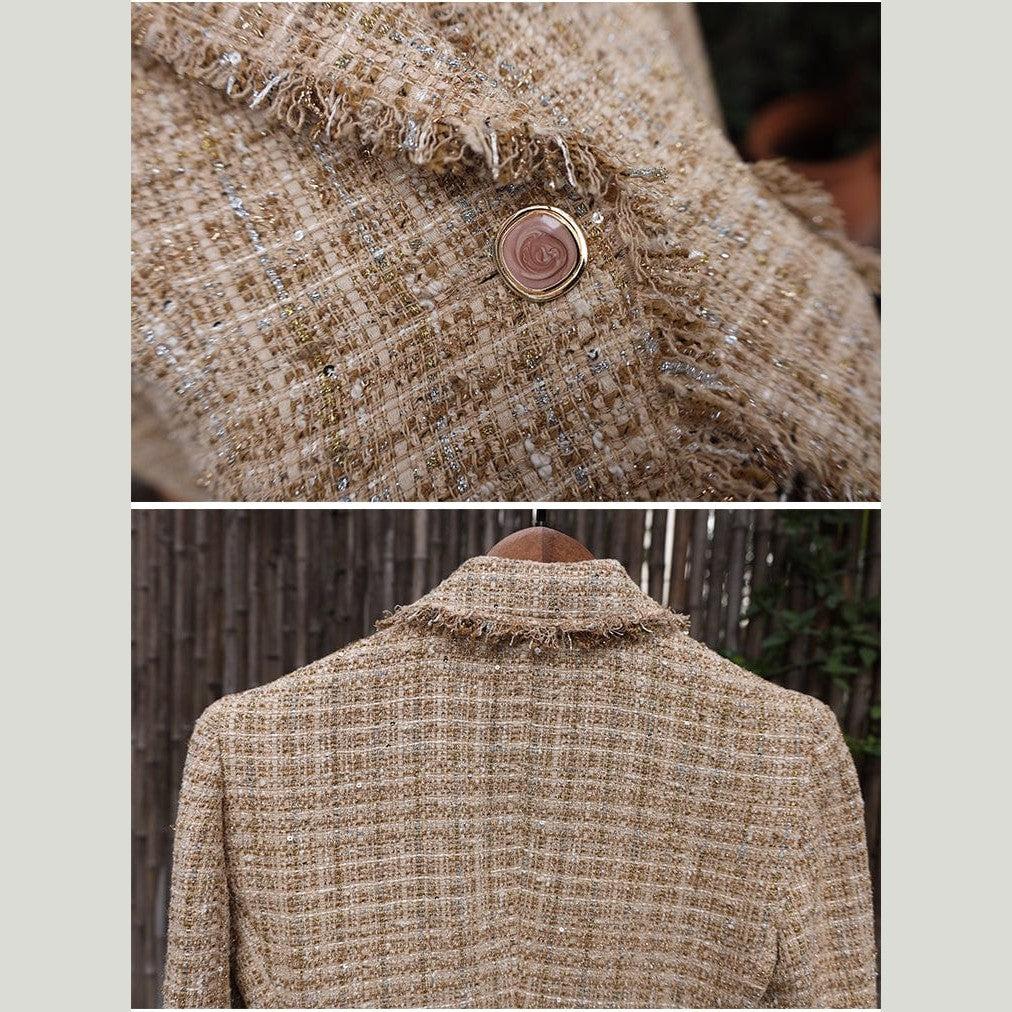 Italian Tweed Jacket - Camel & Gold Threadwork