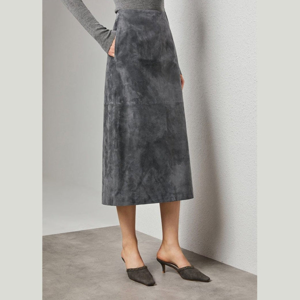Turkish Suede Sheepskin Blazer & Pencil Skirt - Sculpted Set in Dusted Blue