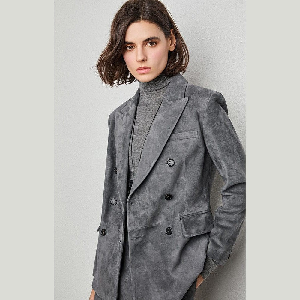 Turkish Suede Sheepskin Blazer & Pencil Skirt - Sculpted Set in Dusted Blue