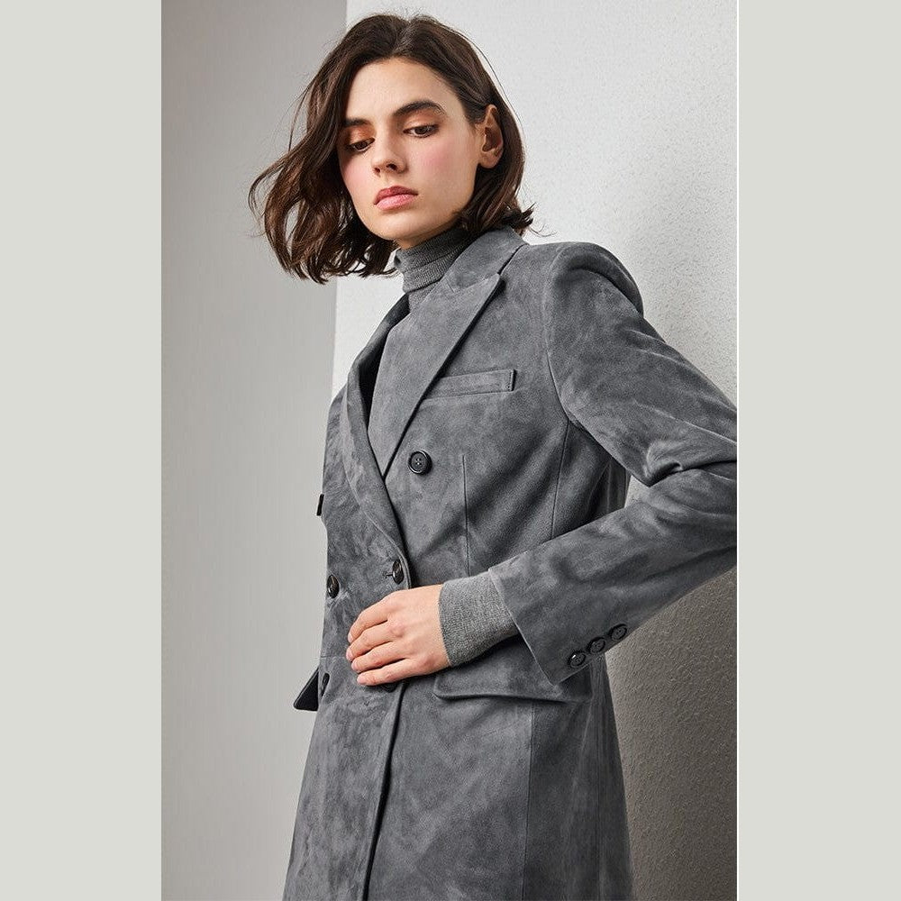 Turkish Suede Sheepskin Blazer & Pencil Skirt - Sculpted Set in Dusted Blue