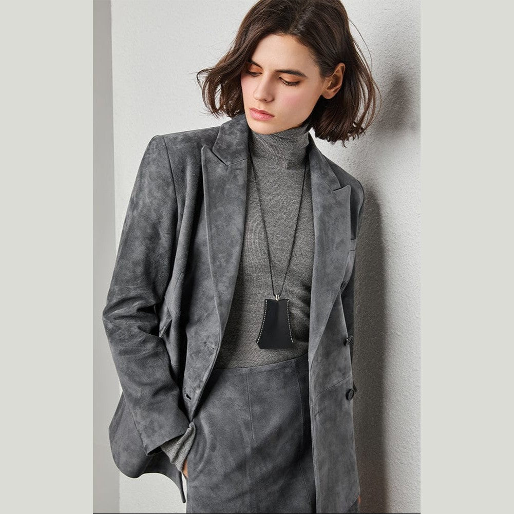 Turkish Suede Sheepskin Blazer & Pencil Skirt - Sculpted Set in Dusted Blue
