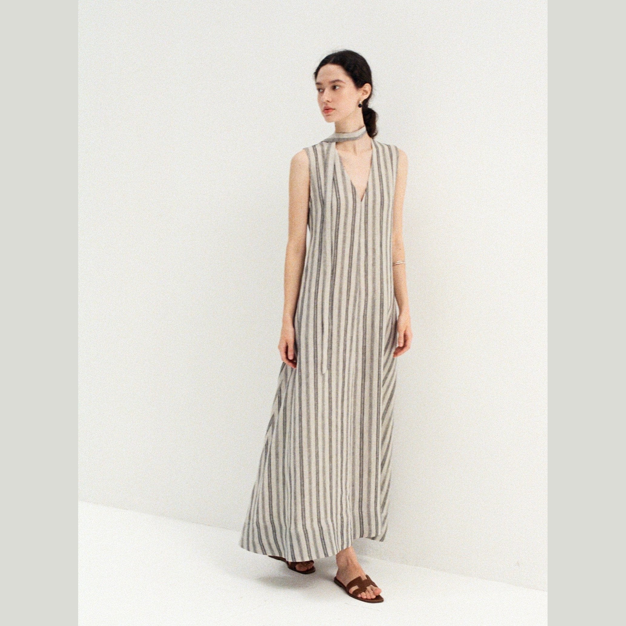 Minimalist Striped Linen Maxi Dress