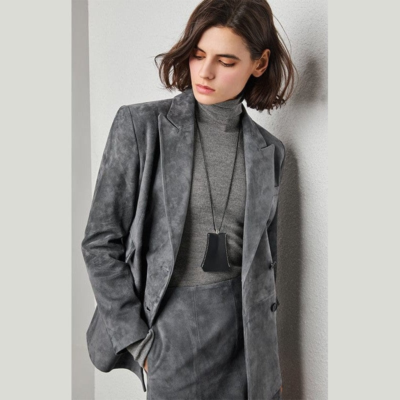 Turkish Suede Sheepskin Blazer & Pencil Skirt - Sculpted Set in Dusted Blue