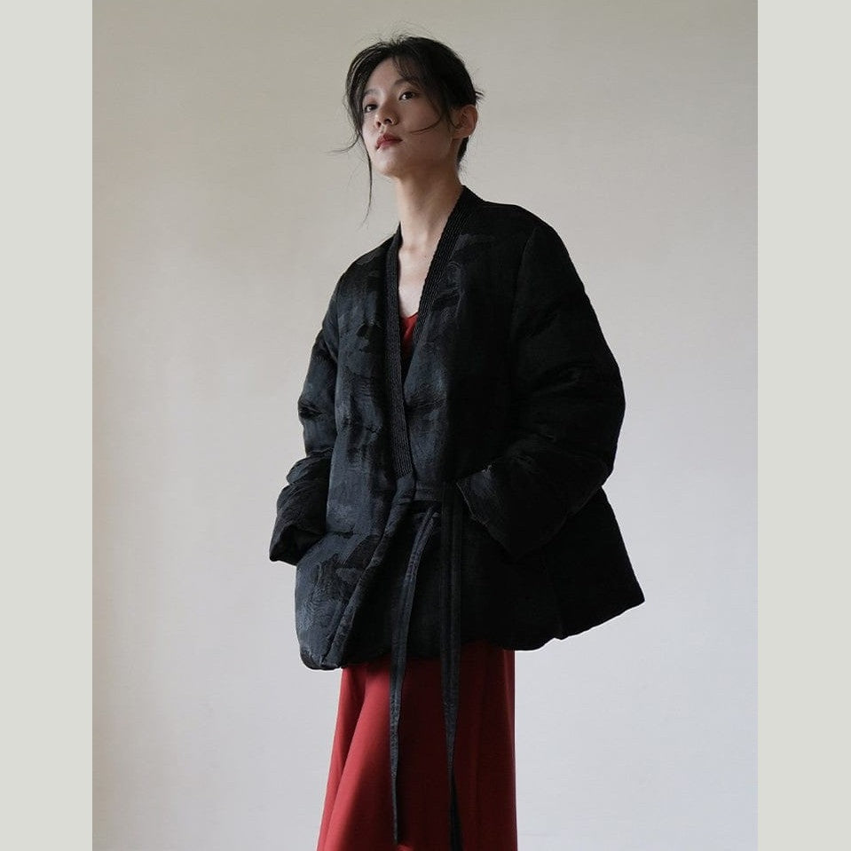 Satin Jacquard Down Jacket & Scarf – Sculptural Warmth, Limited Edition