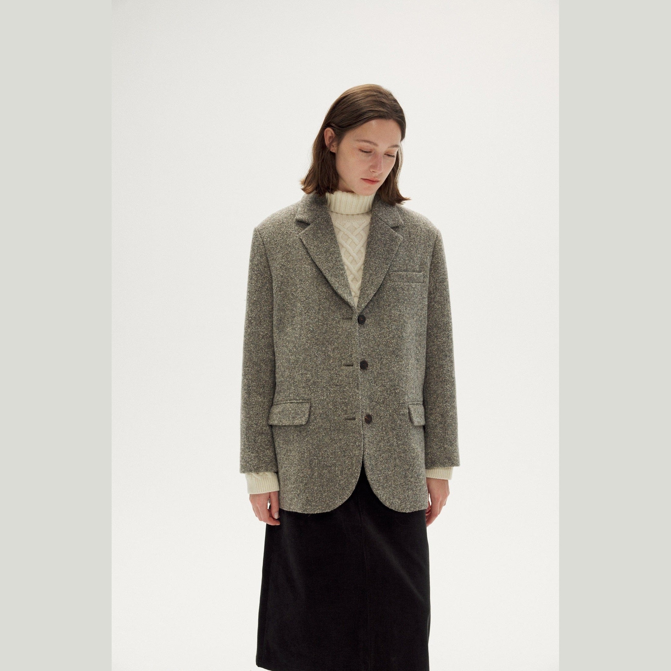 Imported Grey Wool Tweed Jacket - Relaxed Silhouette, Soft Tailoring
