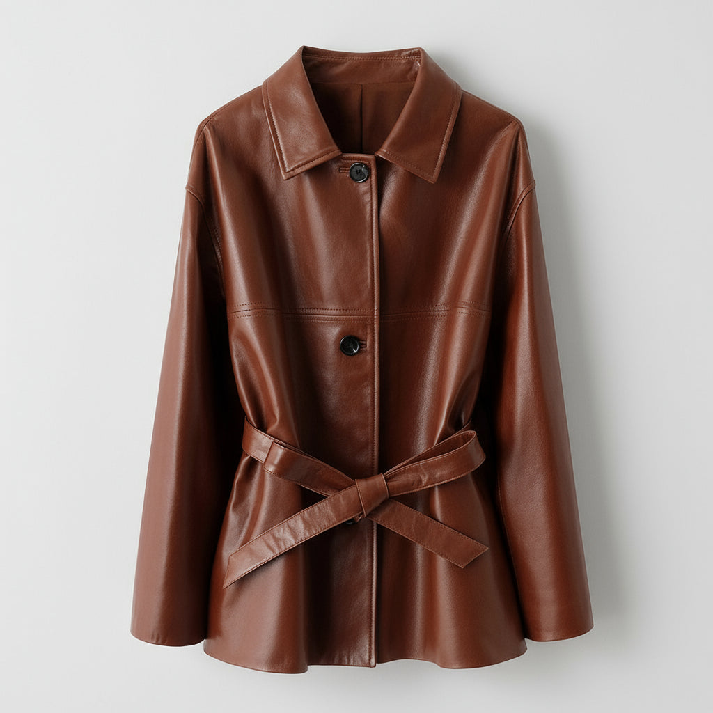 Short Sheepskin Leather Trench Coat