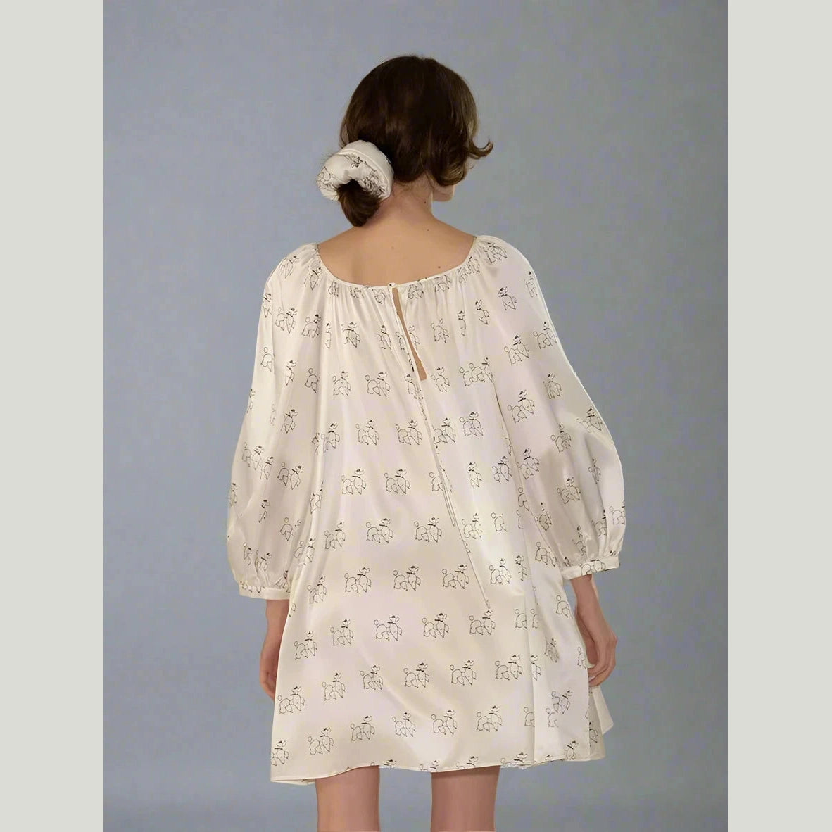 Puppy Dreams – Diamond Poodles Print Silk Puff Sleeve Dress
