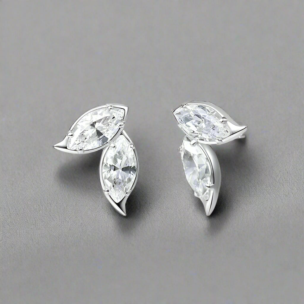 Double Leaf Marquise CZ & Sterling Silver Earrings