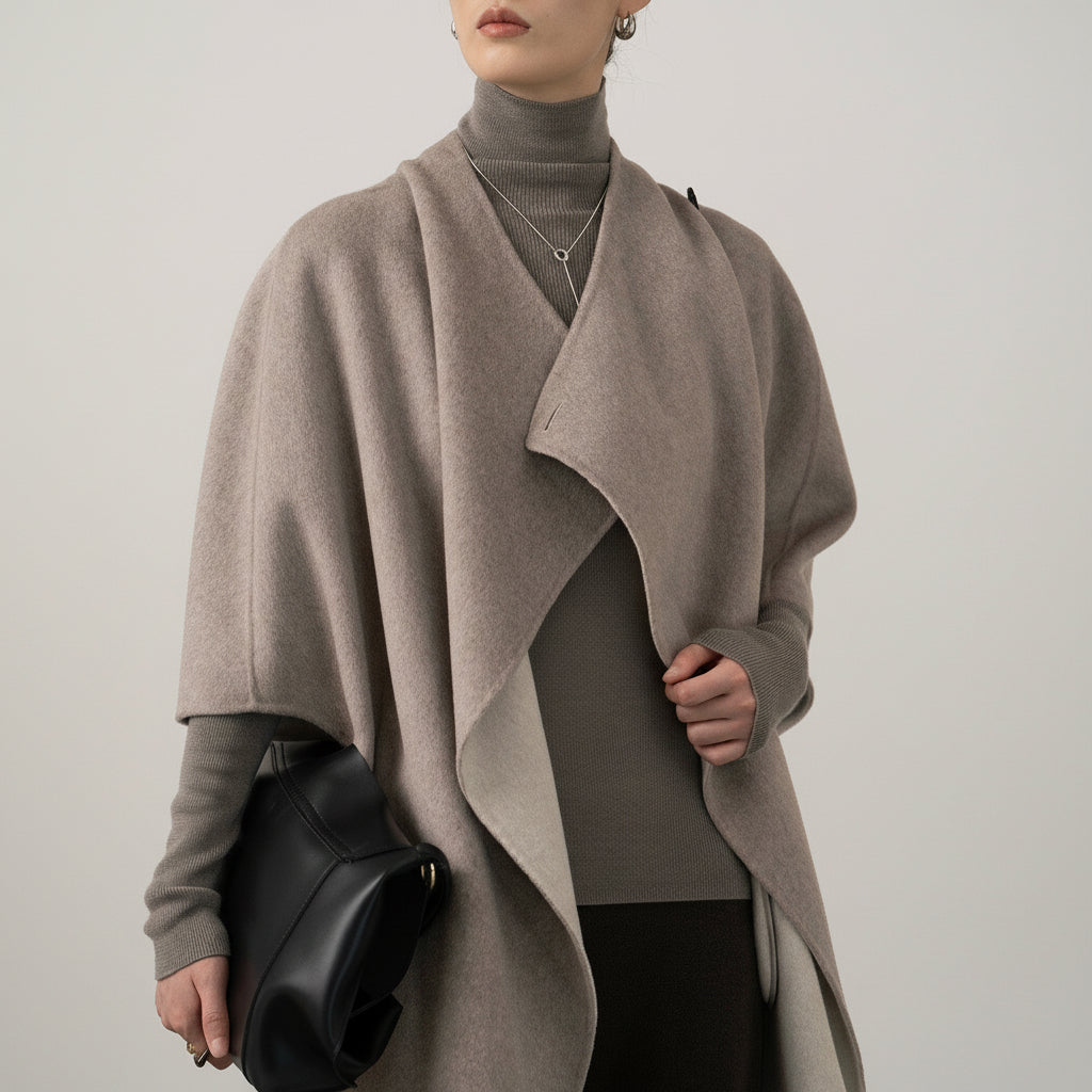 Silk-Wool Velvet Cloak - Double-Sided Drape, Sculptural Warmth