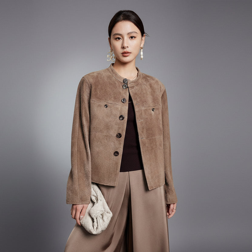 The Imported Suede Sheepskin Crop Jacket in Cafe Creme