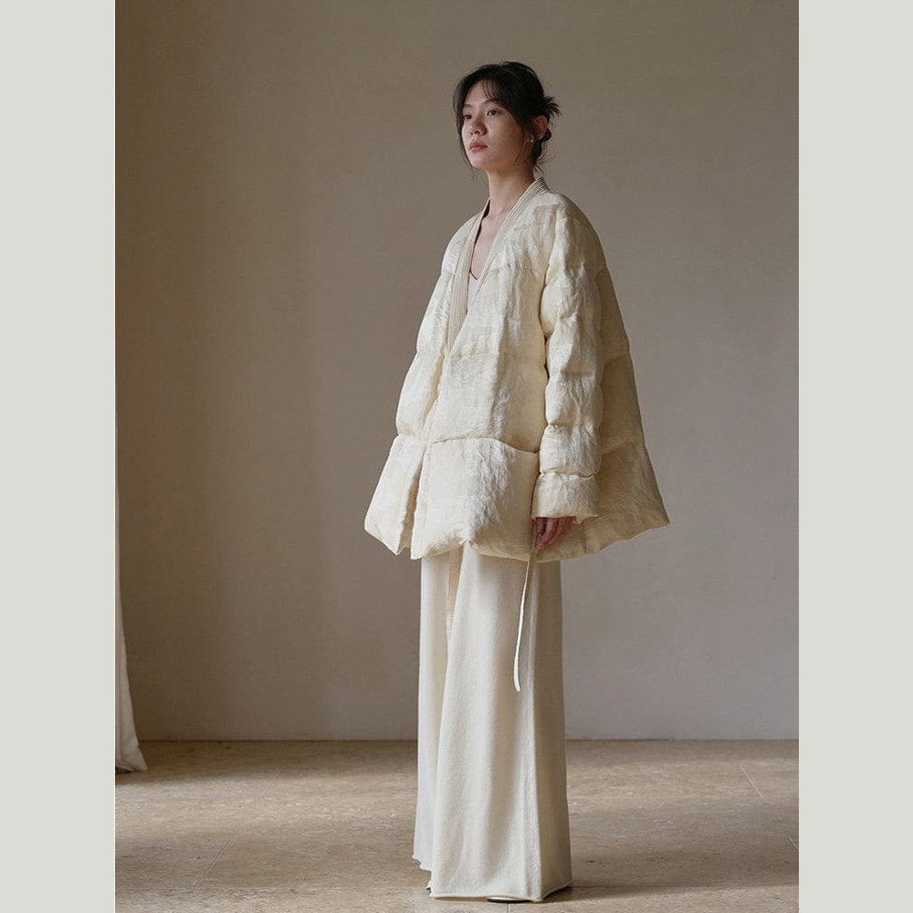 Satin Jacquard Down Jacket & Scarf – Sculptural Warmth, Limited Edition
