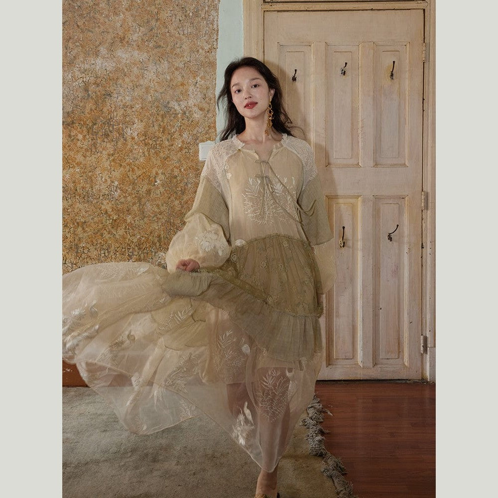 Wonderland Embroidered Crane Dress – Layered Ramie, Silk & Vintage Mesh
