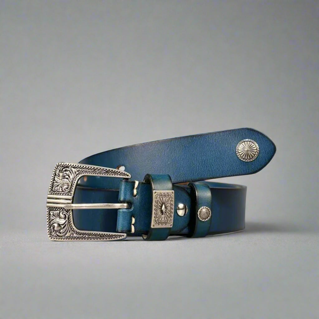 Handmade Cerulean Blue Leather Belt