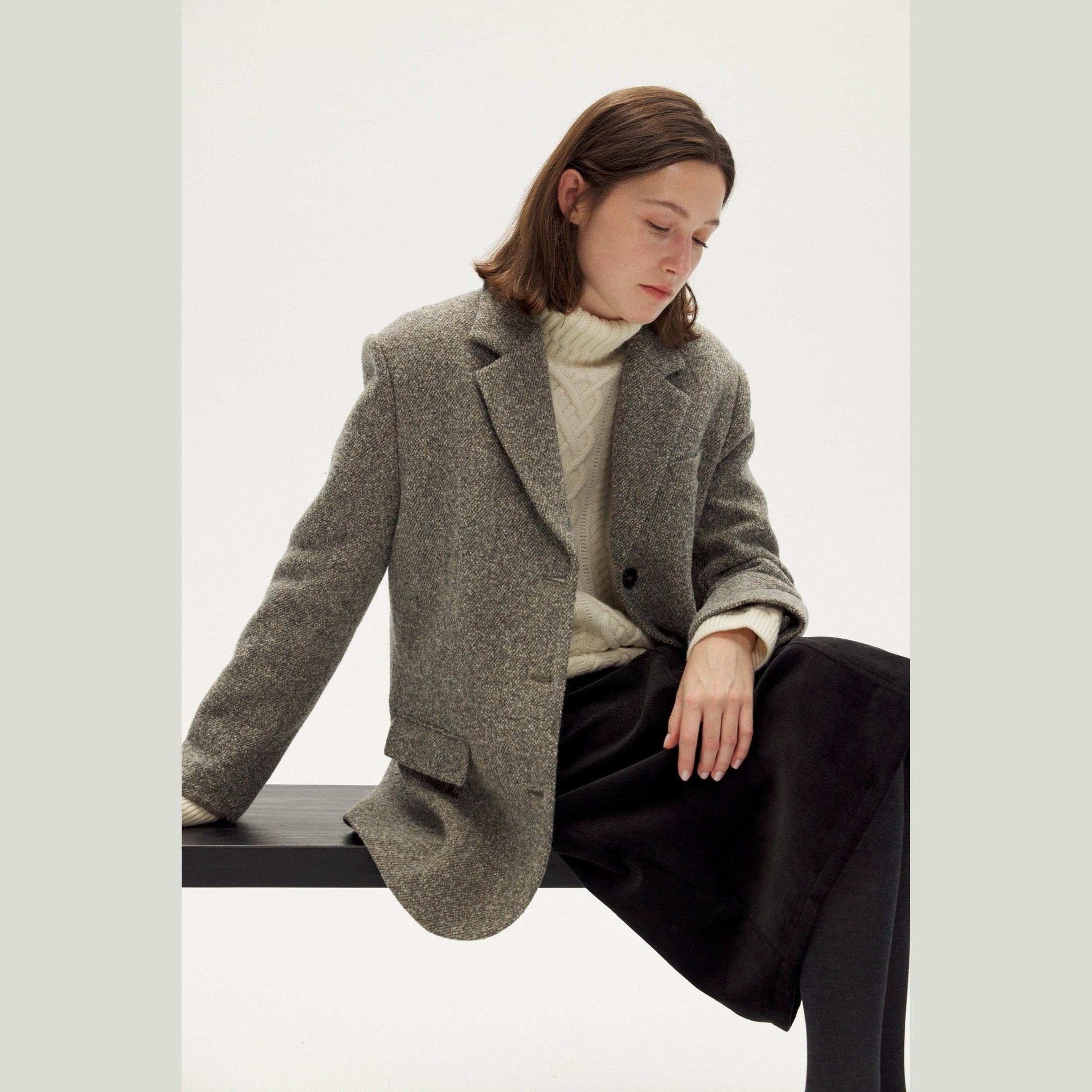 Imported Grey Wool Tweed Jacket - Relaxed Silhouette, Soft Tailoring