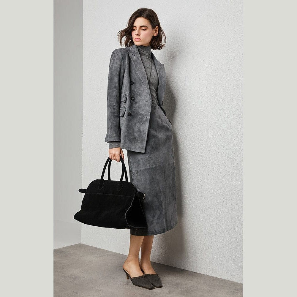 Turkish Suede Sheepskin Blazer & Pencil Skirt - Sculpted Set in Dusted Blue