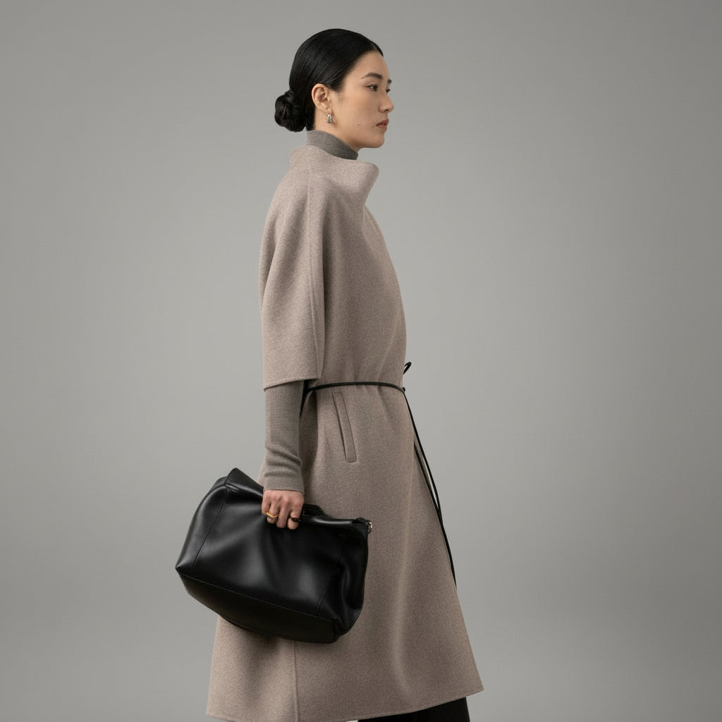 Silk-Wool Velvet Cloak - Double-Sided Drape, Sculptural Warmth