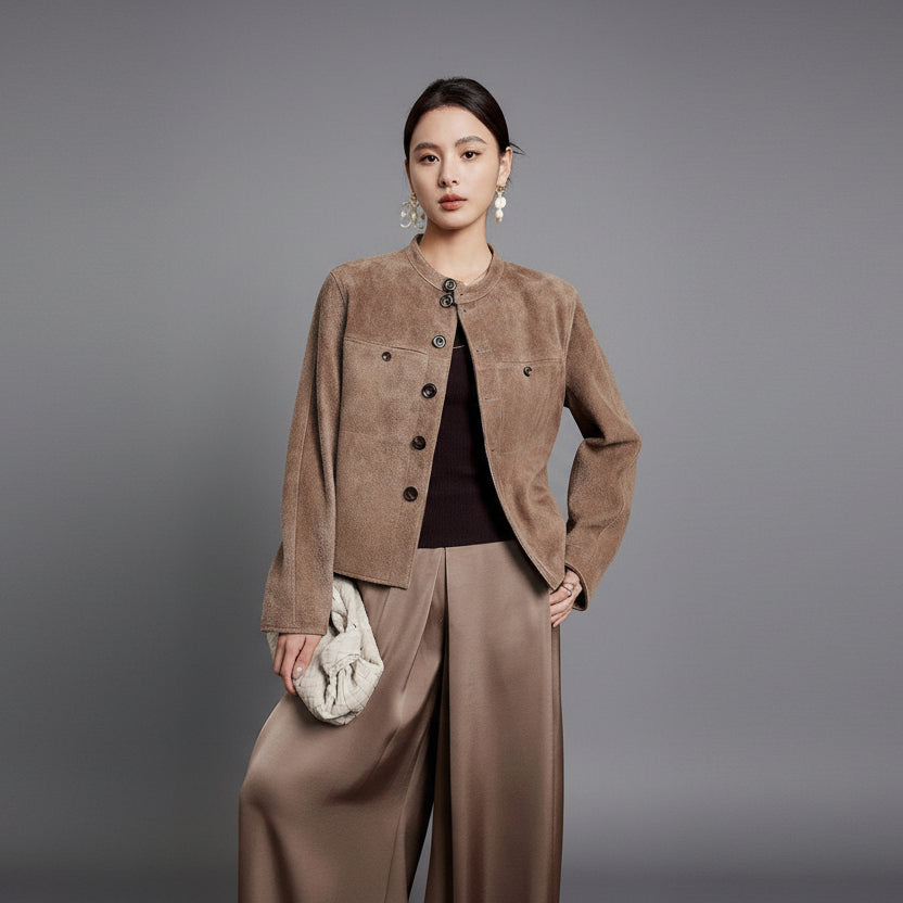 The Imported Suede Sheepskin Crop Jacket in Cafe Creme