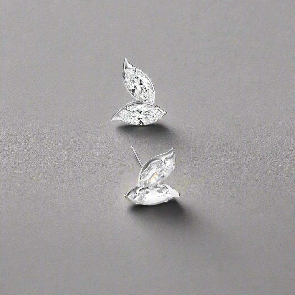 Double Leaf Marquise CZ & Sterling Silver Earrings