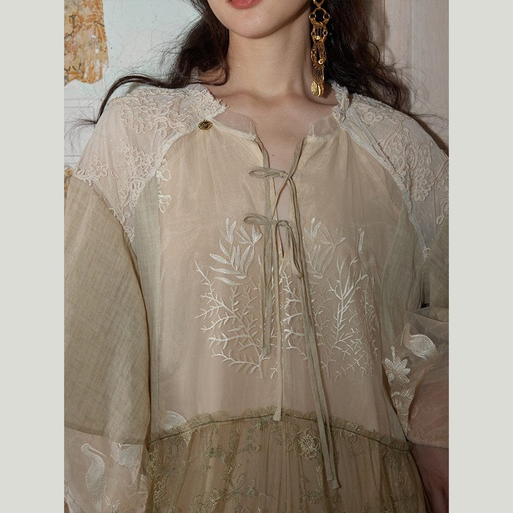 Wonderland Embroidered Crane Dress – Layered Ramie, Silk & Vintage Mesh