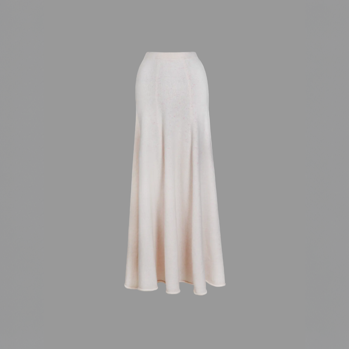 pale pink cashmere wool A-line skirt with fine pink flecks, front view, product only, paneled body and rolled hem