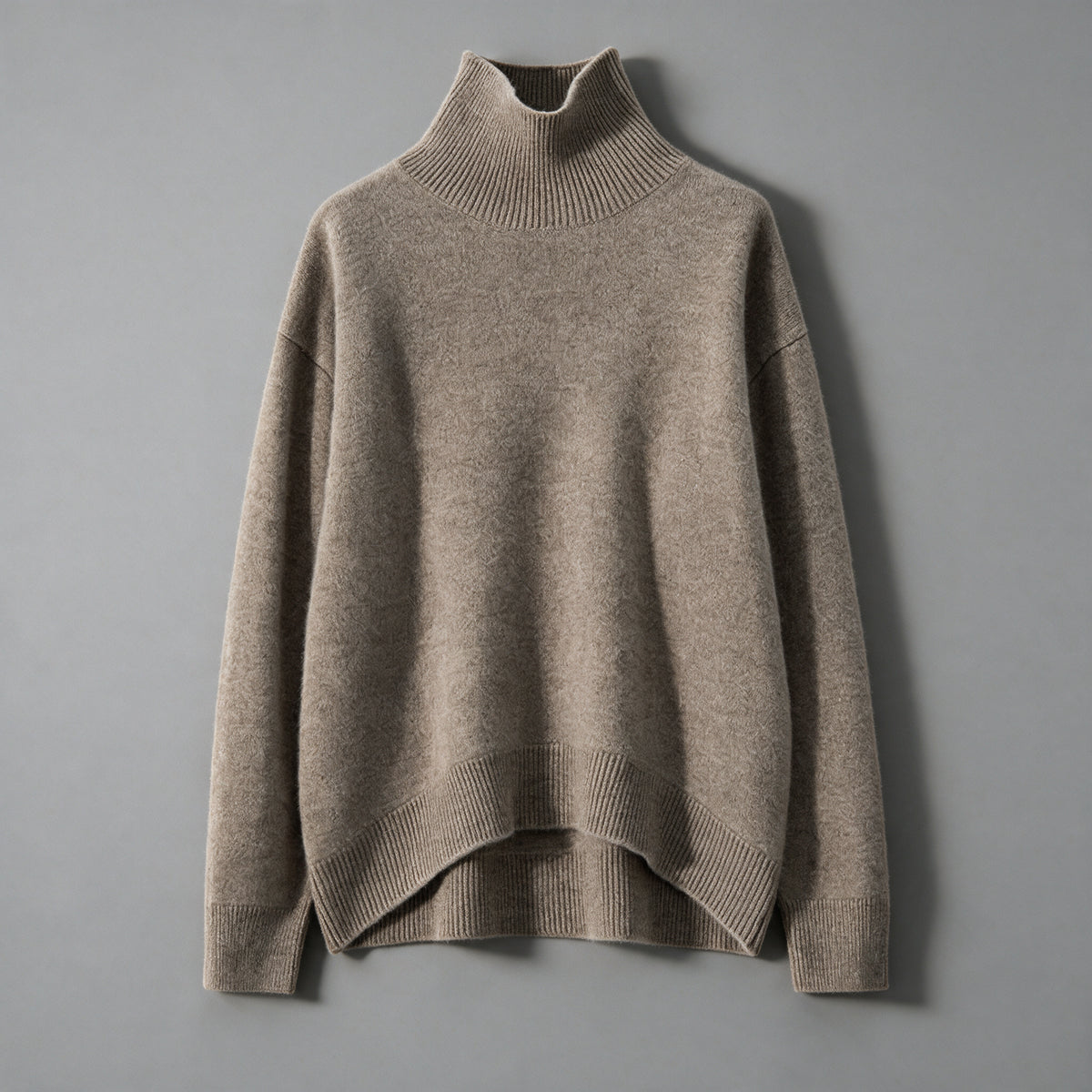 Brown cashmere turtleneck sweater, front view, high ribbed collar and dropped shoulder