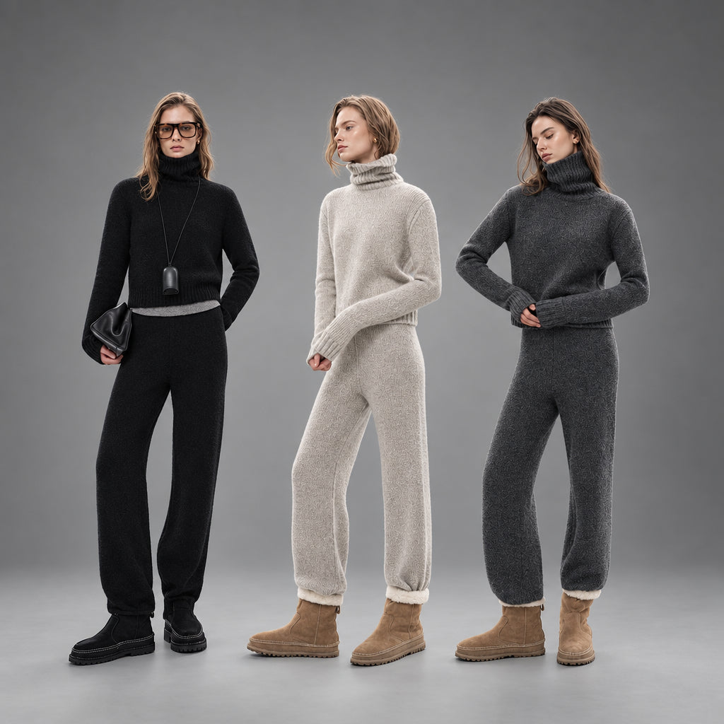 cashmere wool turtleneck sweaters with knit trousers in navy, light grey and dark grey, worn by three models