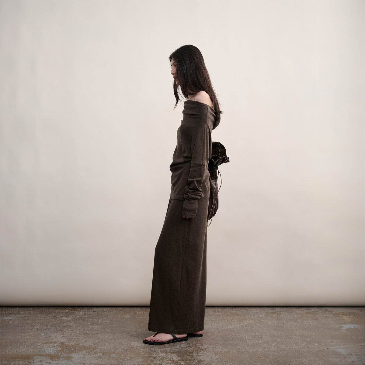 Brown cotton one-shoulder top and skirt set, full-length side view on model