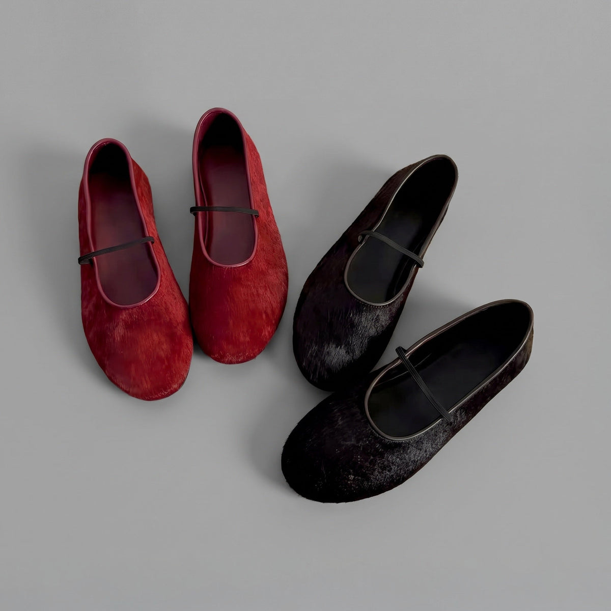 Mary jane shoes in mixed horsehair, burgundy and black pairs