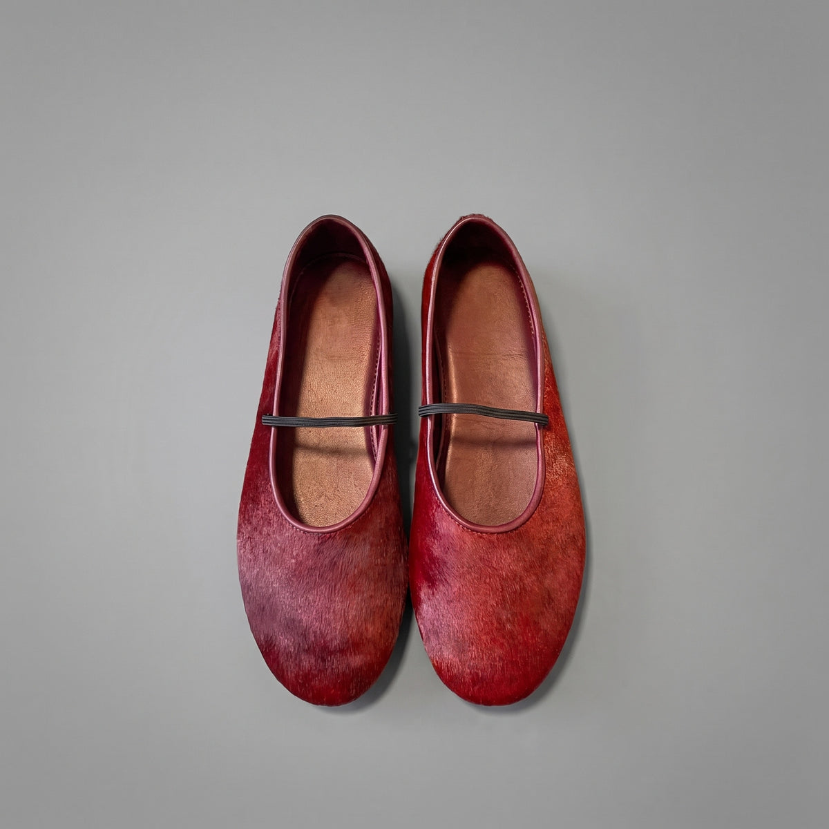 Horsehair mary jane flats in burgundy, pair from above