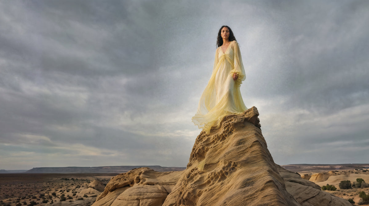 Woman in the butter-yellow silk Mythos Gown standing on a sandstone rock under an open desert sky
