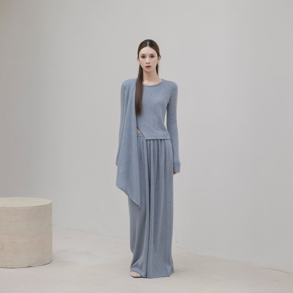 Scarf cape top and knit skirt set in grey-blue, full-length front view on model