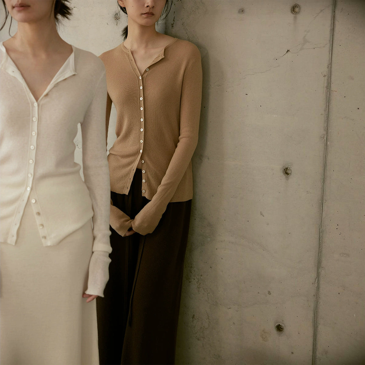 Sheer wool cardigan in cream and tan, two models side by side in a square front view