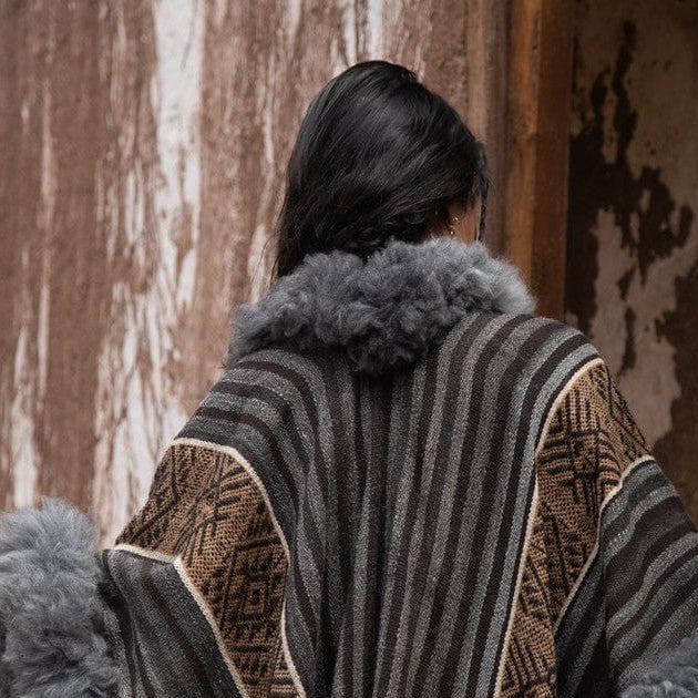 Catalina Heritage Baby Alpaca Wool Cape draped elegantly, embodying timeless quiet luxury.