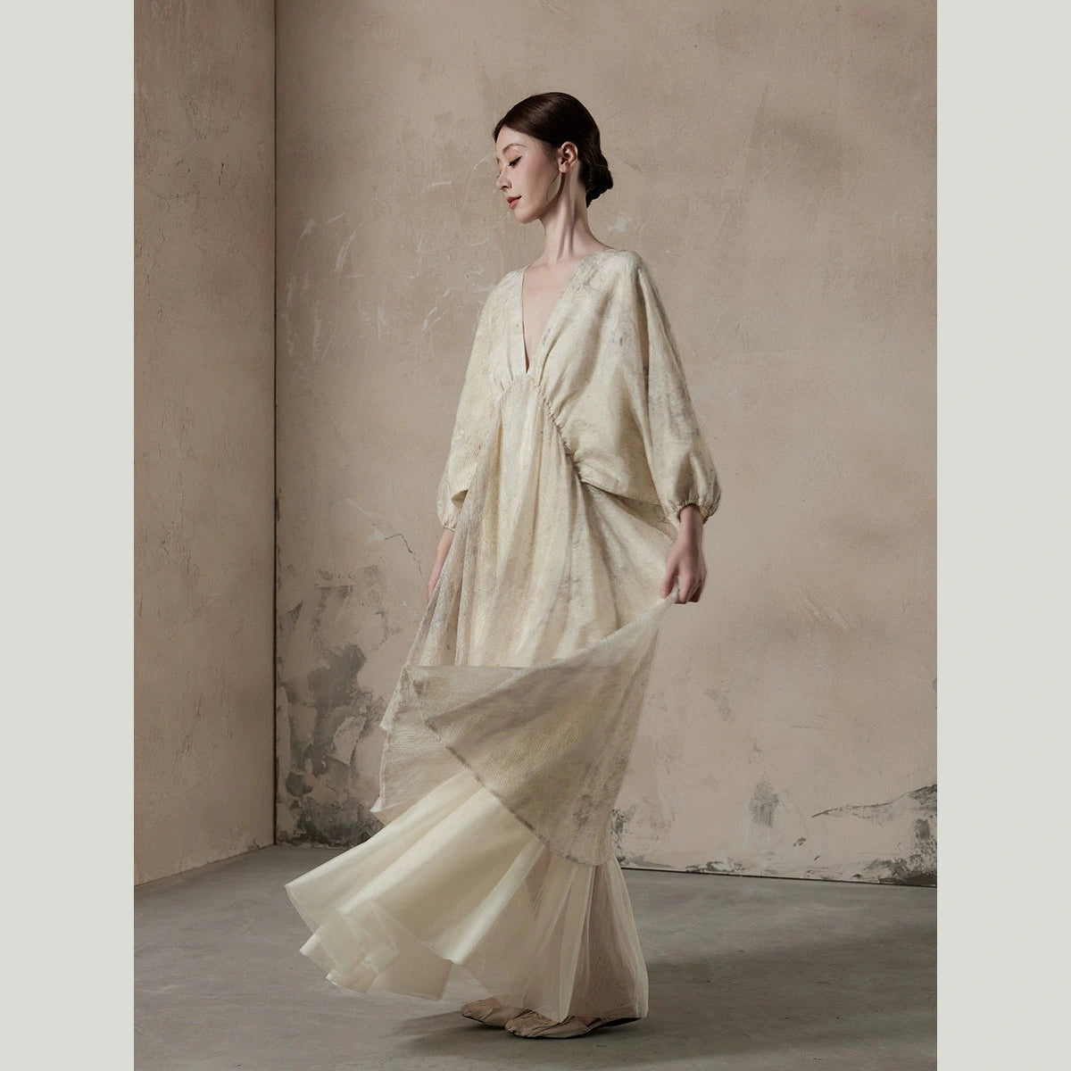 beige maxi dress with sleeves