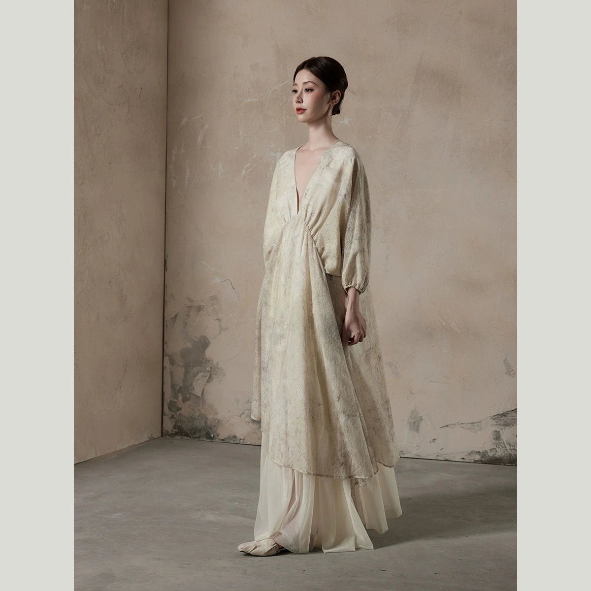 beige maxi dress with sleeves