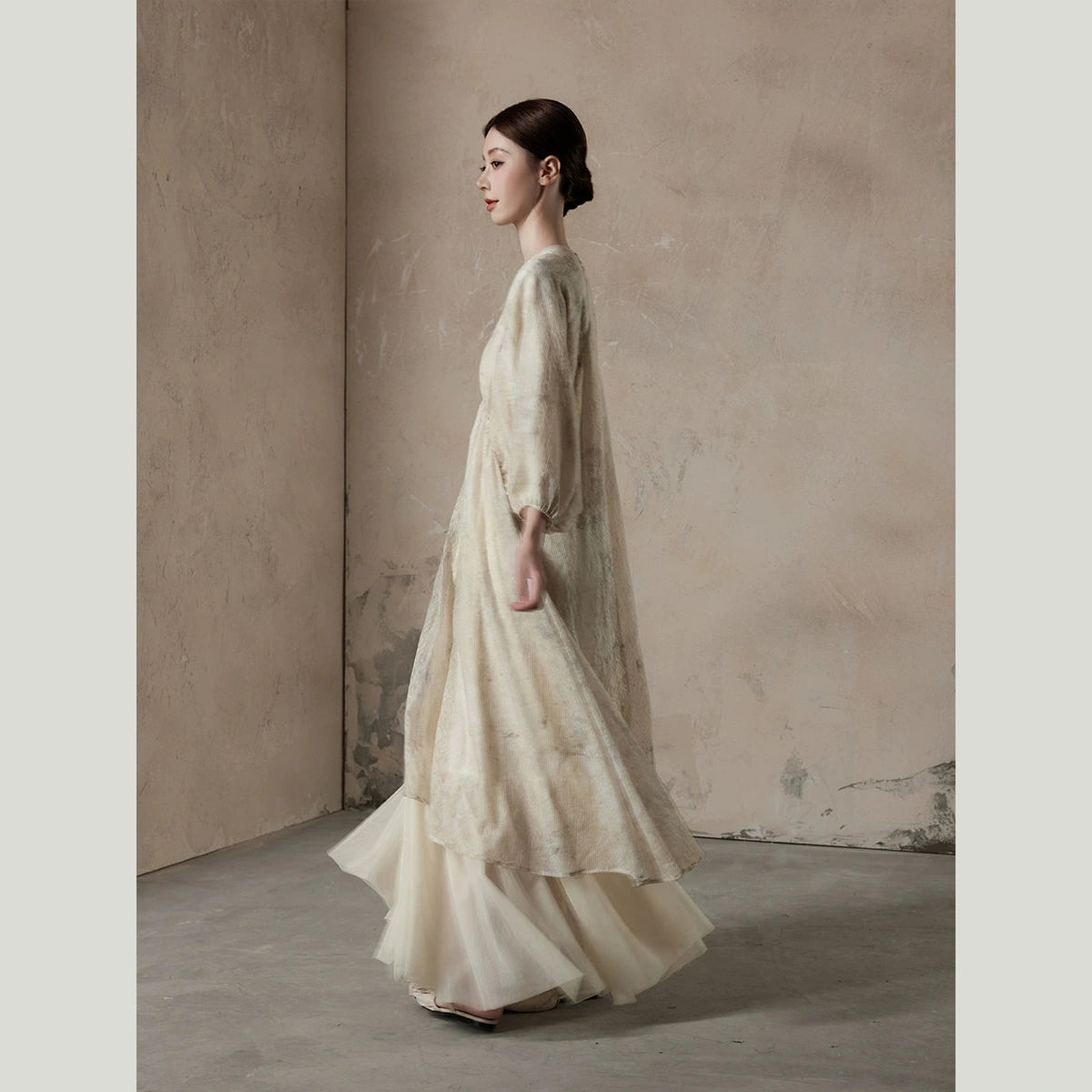 beige maxi dress with sleeves