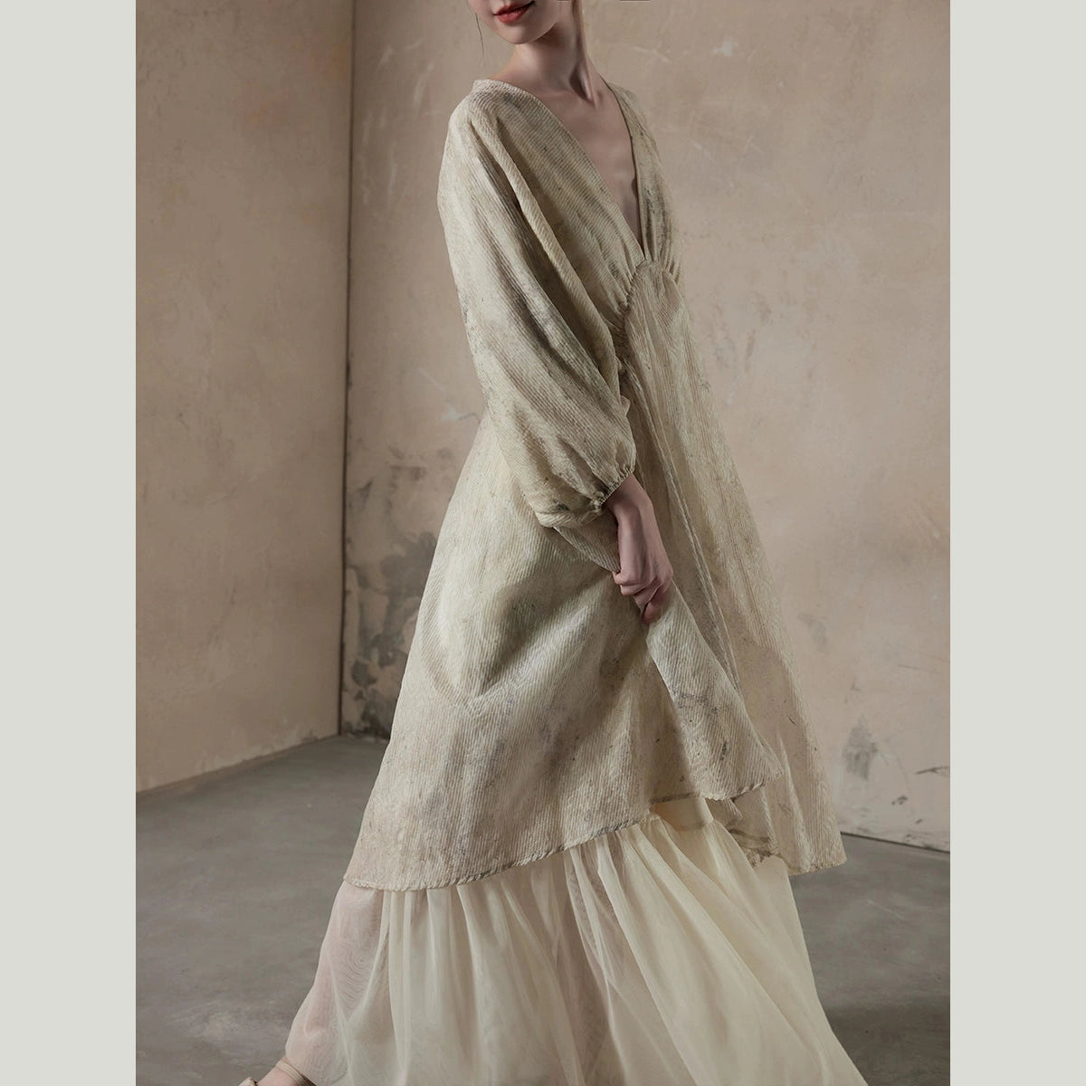 beige maxi dress with sleeves